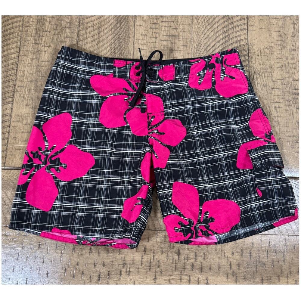 Womens Board Shorts Black Pink Floral Hawaiian Plaid Swim Shorts Medium